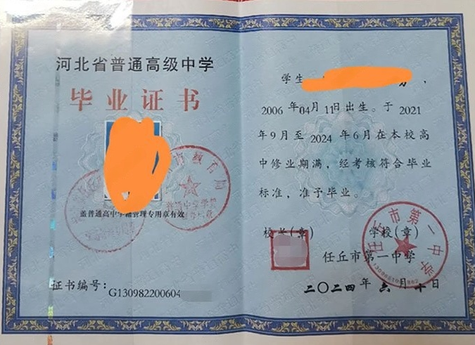 滨州任丘市第一中学高中毕业证样本图片